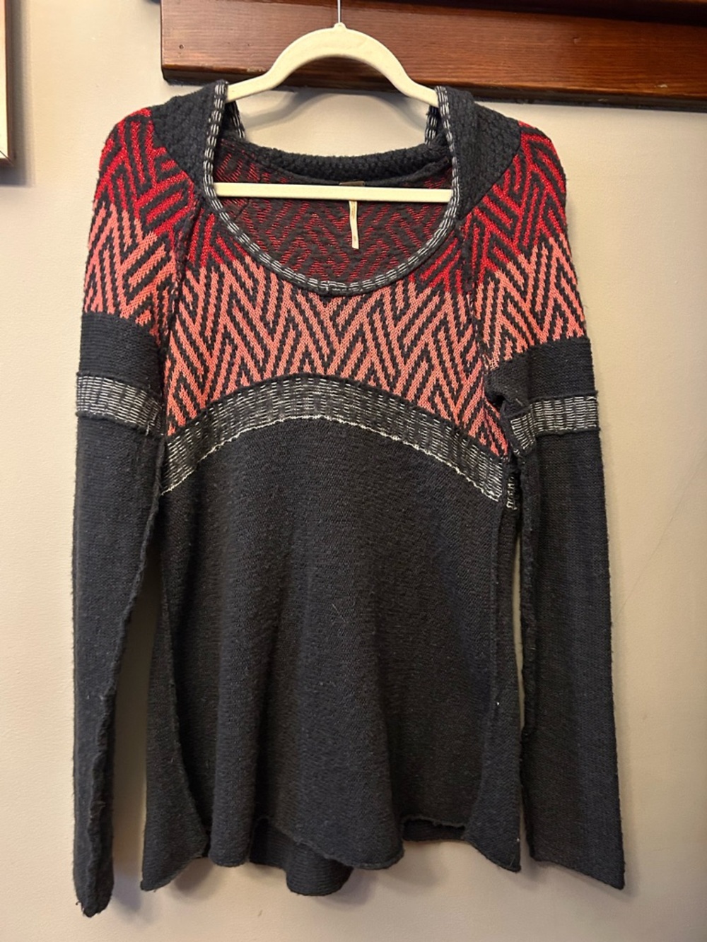 Free People Geometric Print Hooded Knit Sweater Wool Blend Grey Size XS